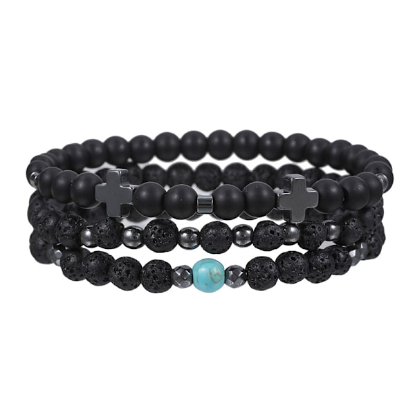 Armbandset med vulkanstenar, svarta frostade svarta gallstenar, träpärlor, kombination, hiphop-stil, elastiskt armband