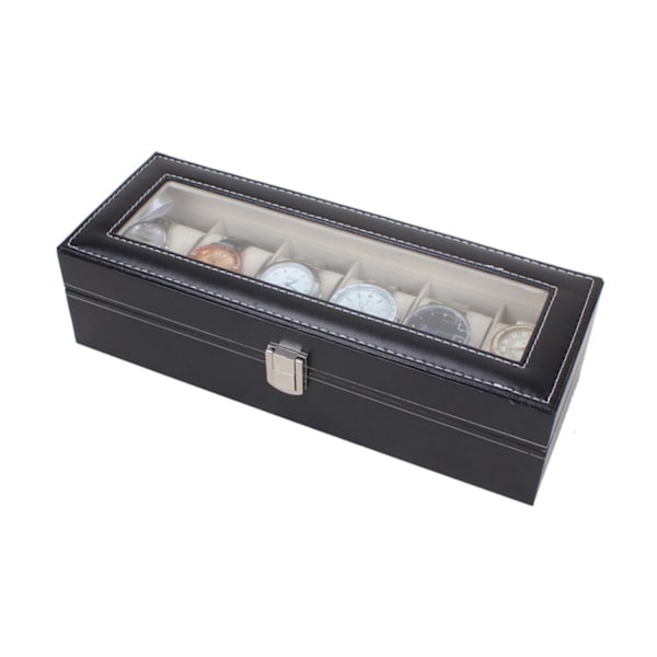 Watchbox Klockbox för 6 klockor - Svart med vit söm Black Svart