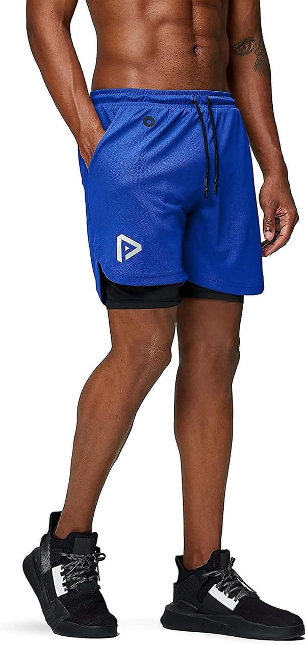 2 i 1 løbeshorts med telefonlomme Gym Workout Hurtigtørrende herreshorts 5 tommer Blå Blue Medium