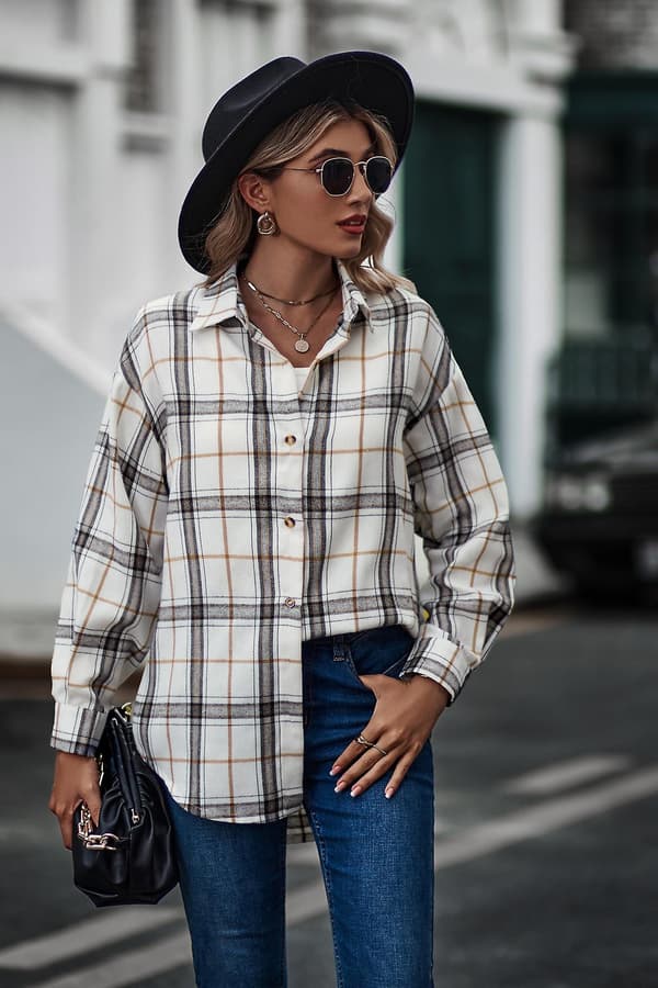 Rutig långärmad skjorta dam Button Down ullblandning tunn jacka Casual blustoppar med ficka white white M