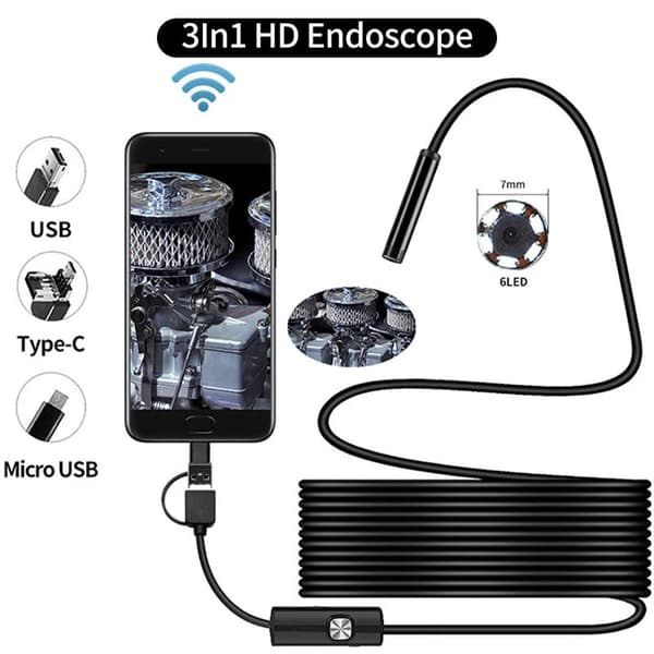 2 m USB Endoskop Kamera Vanntett IP67 Myk Kabel Android / PC Black Svart