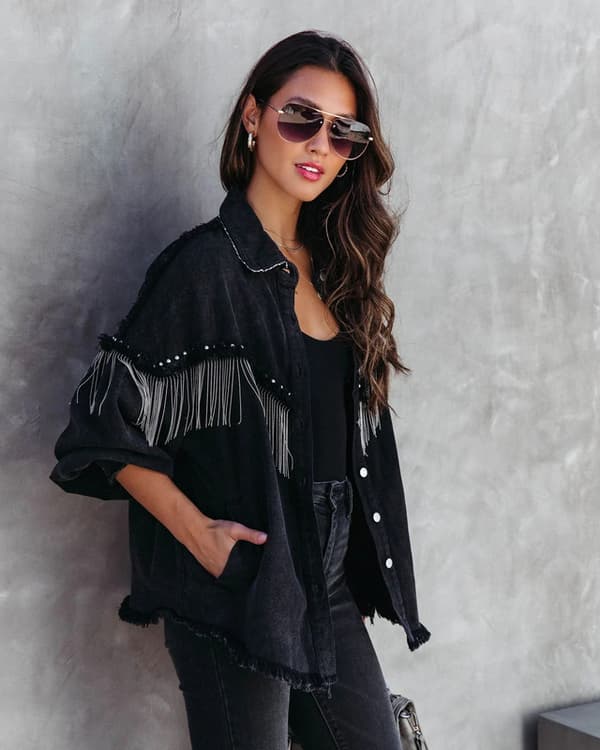 Afslappet denimjakke med frynser til kvinder Black Black L