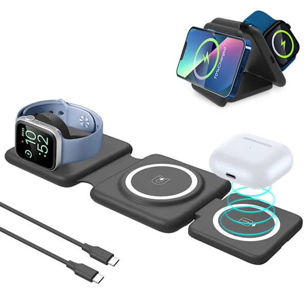 3-i-1 hopfällbar trådlös laddare, magnetiskt kompatibel med iPhone 14/13/12/SE/11/XS/8, Apple Watch och AirPods (svart)