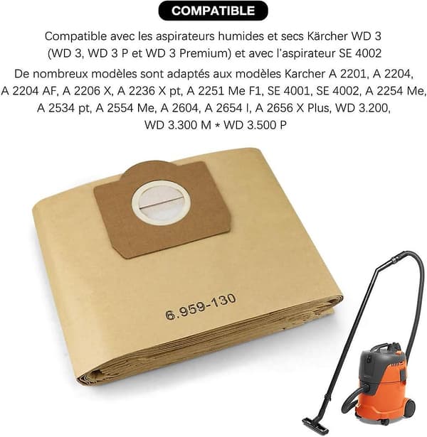 10-pak støvsugerposer til Karcher 6.959-130.0 filterposer A 2201/2204/2504