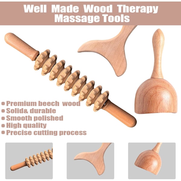 Professionelle træterapi massageværktøjer 3-i-1 Maderoterapi Kit Træmassager Lymfedrænage Massager