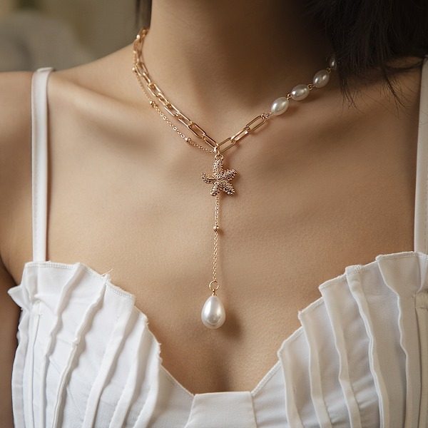 Guld Pärla Kedja Halsband Fin Gemlänk Kedja Halsband med Pärla Tåardrop och Blanka Rhinestone Sjöstjärna Form Drop Dang