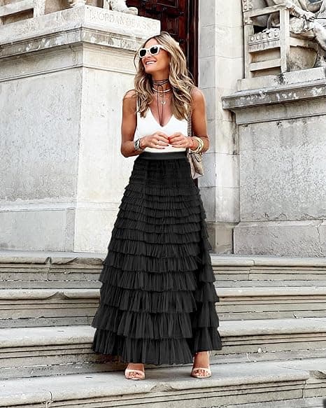 Dame Tyl Maxi-nederdel A-linje Rynket Mesh Høj Talje Underdel Sort Black L