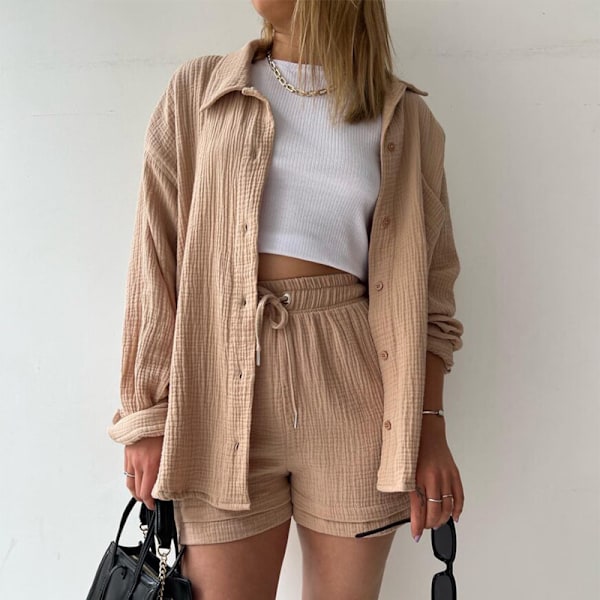 Skrynklig krage för kvinnor, långärmad skjorta, shorts med dragsko med hög midja, moderiktigt casual set i två delar khaki XXL khaki xxl