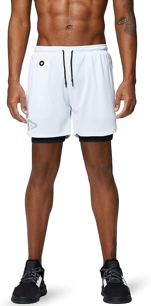 2 i 1 løbeshorts med telefonlomme Gym Workout Hurtigtørrende herreshorts 5 tommer Hvid White Medium