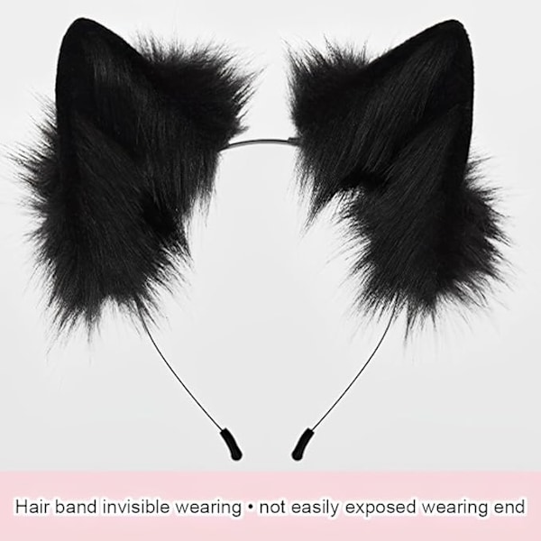Plush mask med räv svans och öron set, katt svans räv kostym cosplay kostym med katt öron och tass handskar halloween cosplay black and white