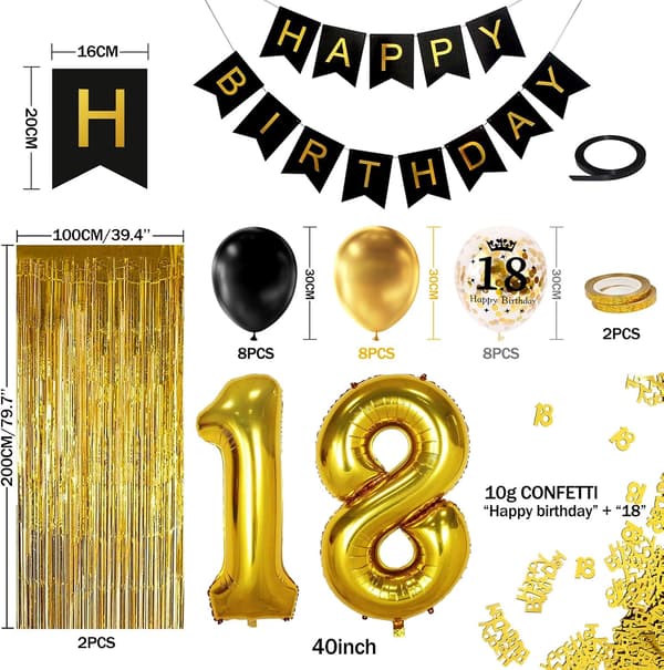 18 år svart gull bursdagsdekorasjon, gratulerer med dagen banner, h