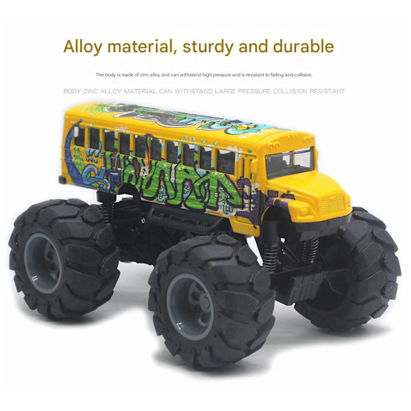 Skolbuss Monster Trucks Die Cast 1:43 Gula Leksaksfordon Modeller Metall Drag tillbaka Leksaker för Barn Graffiti Green