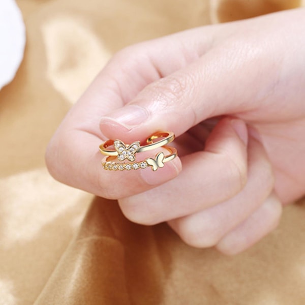Dubbelskiktsring för fjäril, elegant ring med öppning för strass för kvinnor