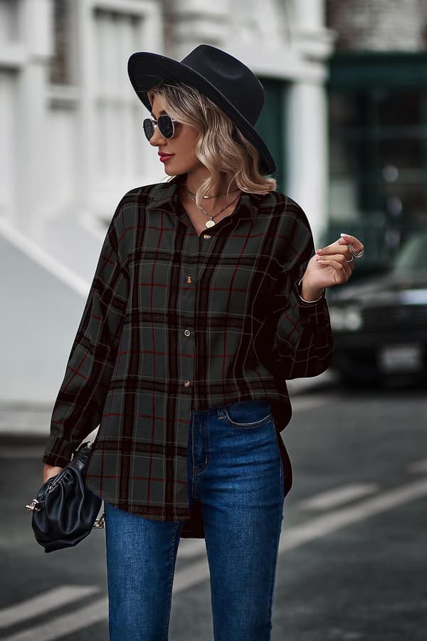 Rutig långärmad skjorta dam Button Down ullblandning tunn jacka Casual blustoppar med ficka Black Black S