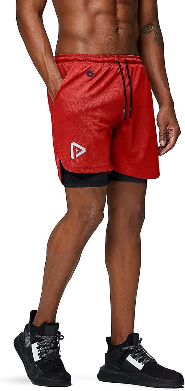 2 i 1 løbeshorts med telefonlomme Gym Workout Hurtigtørrende herreshorts 5 tommer Rød Red Medium