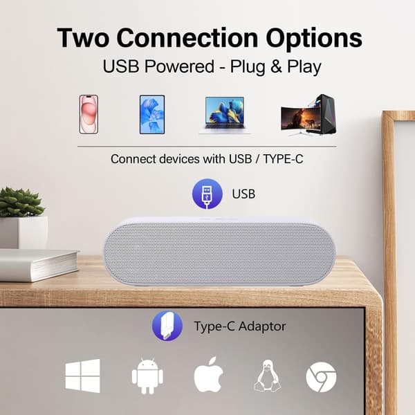 Computerhøjttalere, USB Bærbar Computerhøjttaler, Mini Lydbjælke med 3D Surround Stereo til Laptop, PC, Bærbar computer, Skrivebord - Plug and Play (Hvid) White