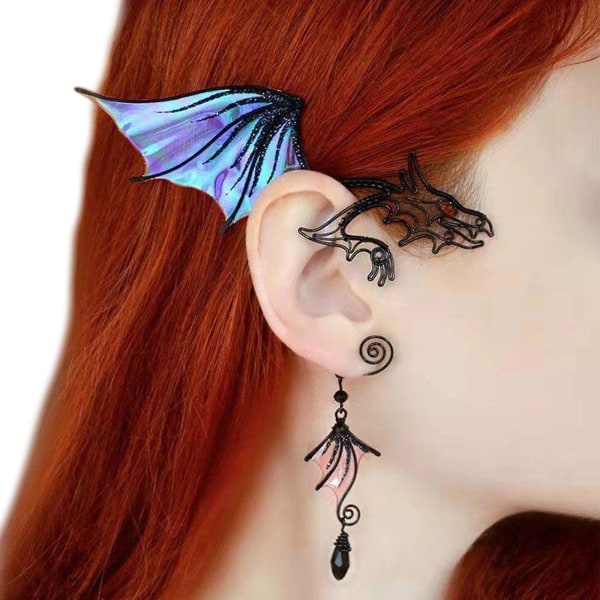 Fe älva öronbenklämma utan genomborrade öron hängande retro örhängen för fotografering N gradient purple dragon right