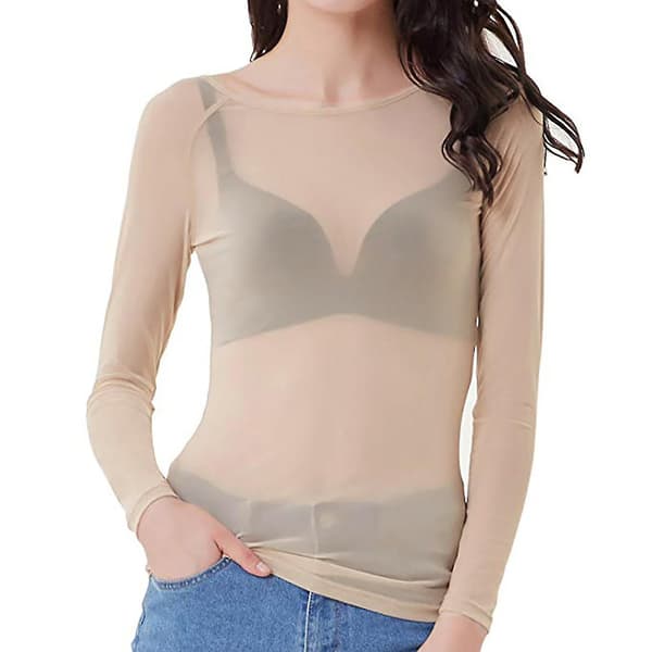 Kvinders Gennemsigtig Langærmet Sømløs Armformer Top Mesh Skjorte Bluse S