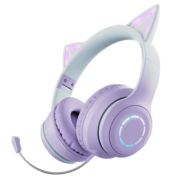 Rgb Cat Ear-hörlurar, trådlöst trådbundet läge hopfällbart headset med mikrofon, Rgb LED-ljus för Ki Purple