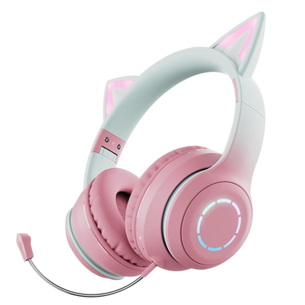 Rgb Cat Ear-hörlurar, trådlöst trådbundet läge hopfällbart headset med mikrofon, Rgb LED-ljus för Ki Pink