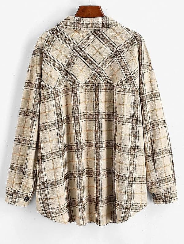 Rutig långärmad skjorta dam Button Down ullblandning tunn jacka Casual blustoppar med ficka Coffee Coffee XL
