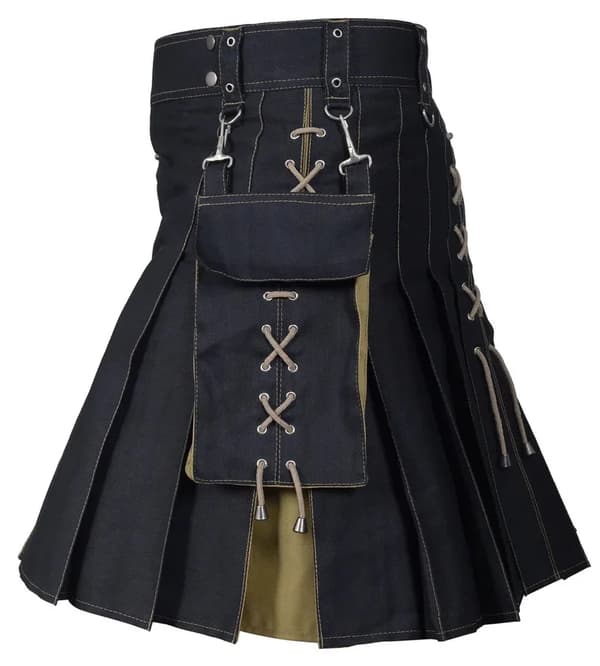 Herr Kilt Utility Scottish Traditional Highland Solid Plisserade Spänne Kostym Kilts med Lastfickor Khaki Khaki M