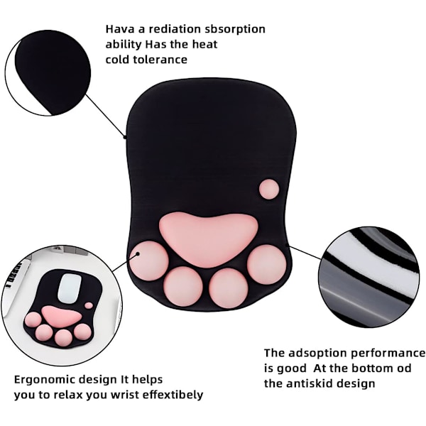 Musmatta med katt tass och handledsstöd, bärbar ergonomisk halkfri spelmusmatta för att lindra handledssmärta (10,7 x 7,7 x 1,1 tum) (Svart Sakura)