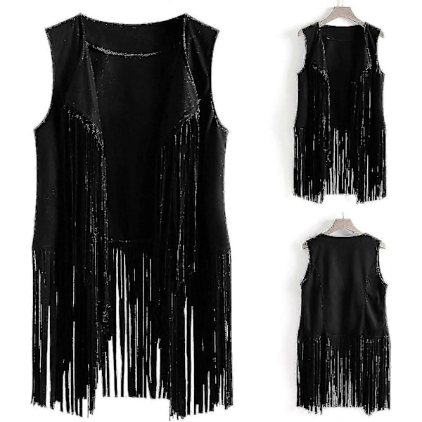 70-tals toppar för kvinnor denimskjorta disco fransväst jacka - perfekt Black Black S