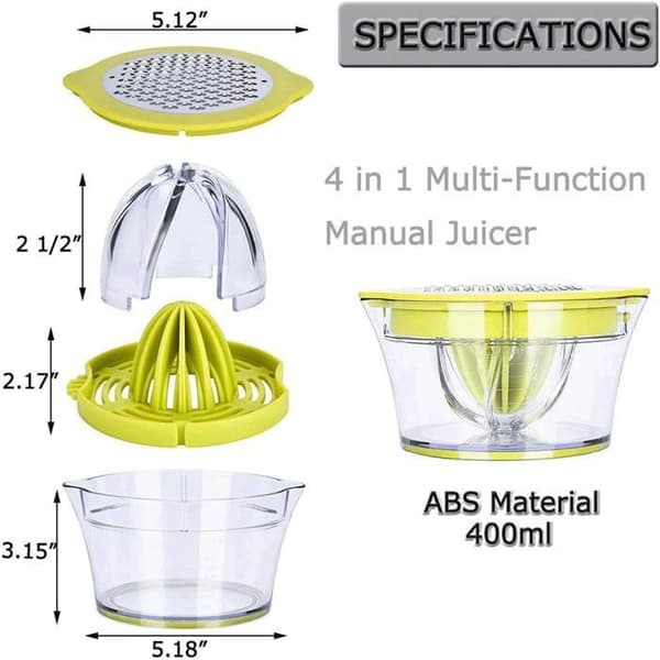 Manuell citruspress (citron/apelsin) med mätglas och integrerad rivjärn, grön