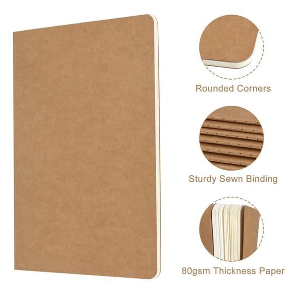 A5 anteckningsböcker i kraftpapper (5-pack), mått 8,15 x 5,5 tum, med linjerade sidor — totalt 72 sidor.