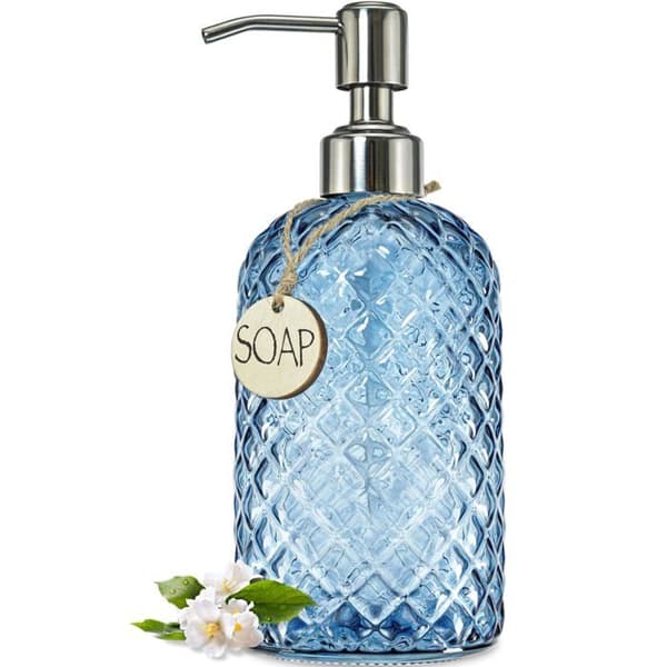 Glas tvålbehållare - SONGHUI - Mönster av ädelstenar - Mörkblå - 532 ml - Rostbeständig pump marinblå