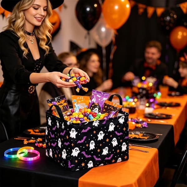 Foldbar opbevaringsboks til Halloween - [Sort med lilla flagermus]