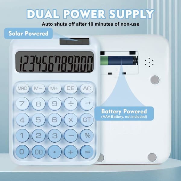 Kalkylator med stora mekaniska tangenter — 12-siffrig display, dubbel strömförsörjning (sol och batteri), stor LCD-skärm (blå).