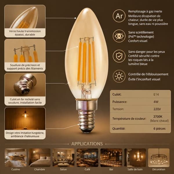 6ST Ampoule LED E14, Flamme Edison Retro, 4W 2700K, Tjock Glas Antibländning, För Vardagsrum Sovrum Kafé Bar Dekor, Amber