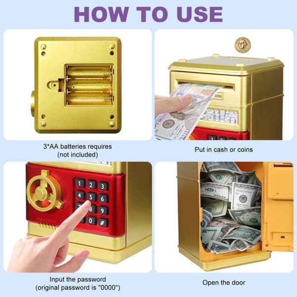 Børnepengeboks, åbning med kreativ adgangskode, mini legetøjssafe (batterier ikke inkluderet) - Guld