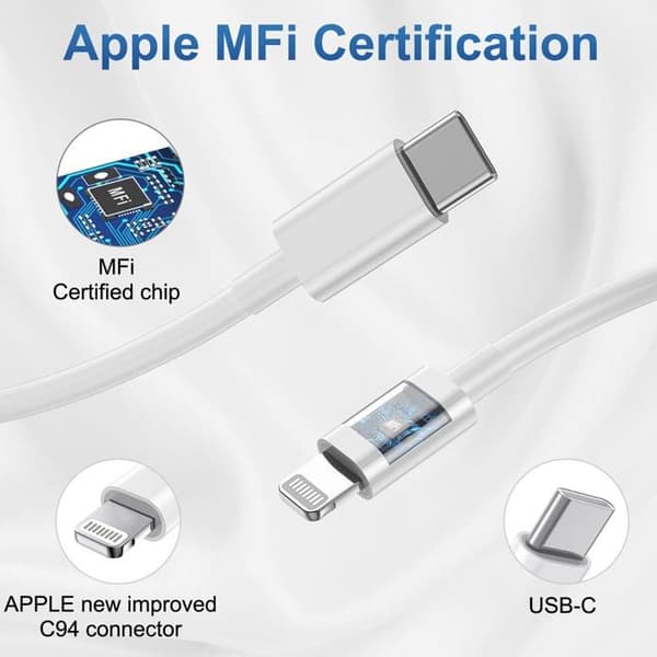 Hurtigopladningssæt til iPhone (sæt af 2): inkluderer to USB-C vægoplader og to lange USB-C til Lightning kabler.