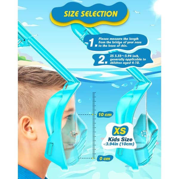 Helmask snorkel sæt "Dry-Top" til børn: sammenfoldelig, panoramisk udsigt, anti-dug og vandtæt.