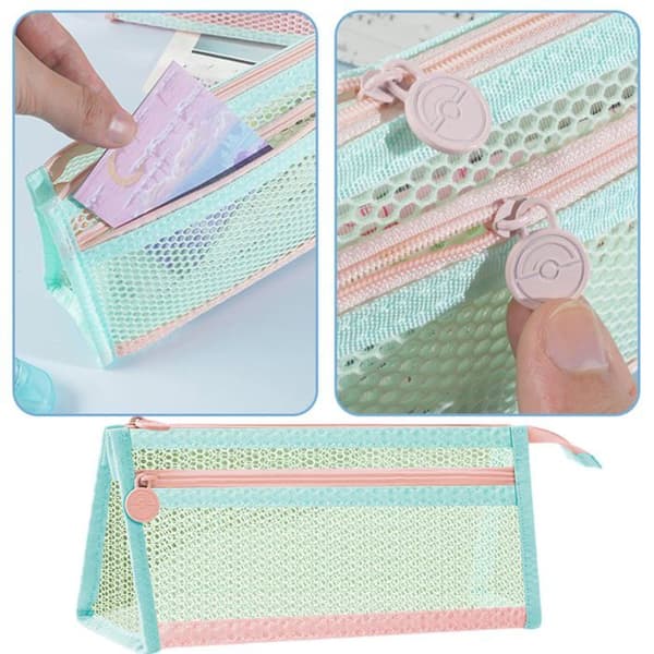 Pencilcase - SONGHUI - Stor kapacitet dobbelt lag - Gennemsigtig mesh - Rosa Ros