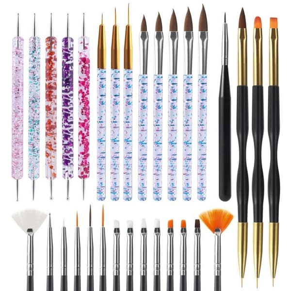Sæt med 31 pensler og værktøjer til neglekunst, inklusive dotting pens, støvbørster og meget mere.