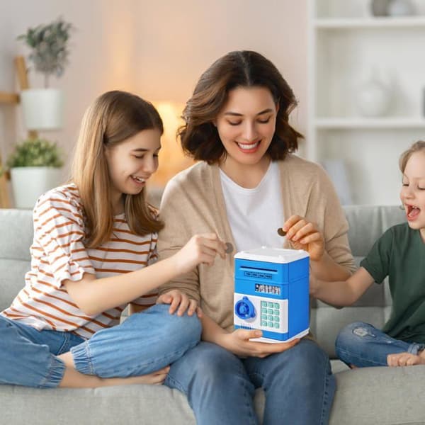 Sparbössa för barn, mini säkerhetsbox med kreativ kod (batterier ingår ej) - Blå
