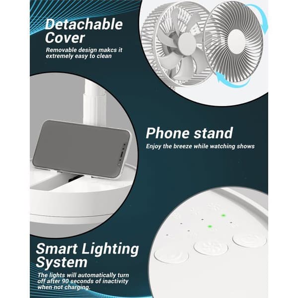 Bordsvifta med oscillation och portabel design, 8 tum (vit), 24 timmars batteritid; har 4 hastigheter.