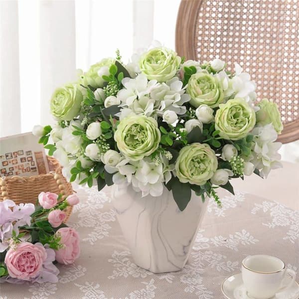 Kunstnerisk buket - SONGHUI - Lyserøde pæoner (sæt af 4) - Realistisk silke - Fleksible stængler - 30 cm Ros