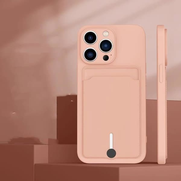 iPhone 15 Pro Max etui, med plads til SIM-kort, i blødt silikone, rosa.