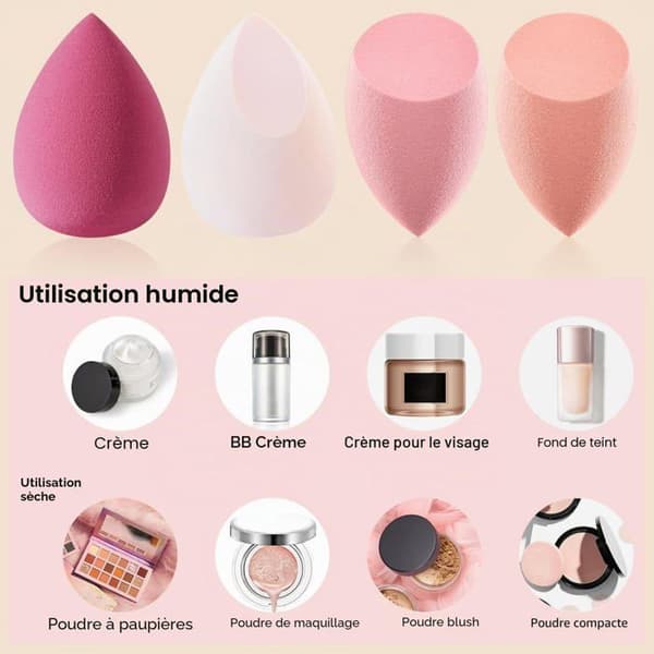 Makeup svampe sæt - SONGHUI - 8 stk - 4 former - Hydrofilt latex - Rosa etui