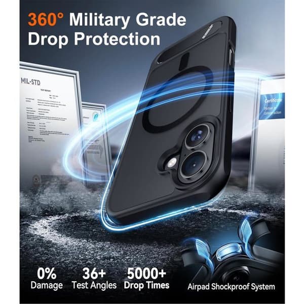 Designet til iPhone 17: militærkvalitet faldbeskyttelse - Tynd og semi-transparent cover (6,3 tommer) (Sort)