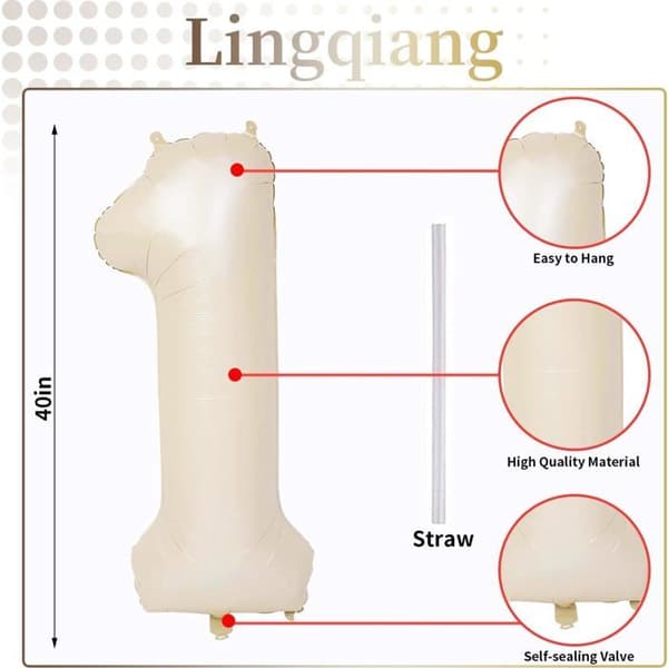 Ballon nummer - SONGHUI - 1 - 40 tommer (100 cm) - beige creme - selvoppustelig genanvendelig beige