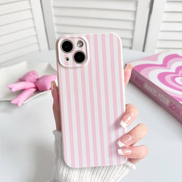Cover til iPhone 13, smukt mønster med farverige striber - rosa og hvid
