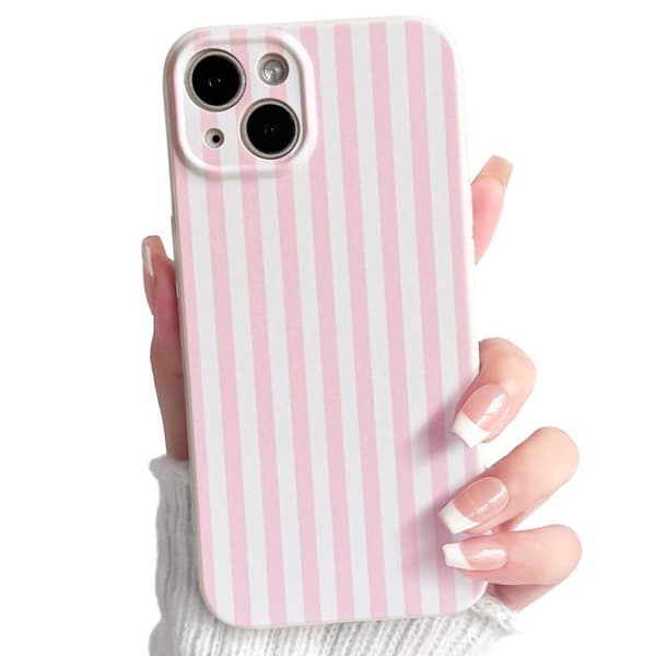 Cover til iPhone 13, smukt mønster med farverige striber - rosa og hvid