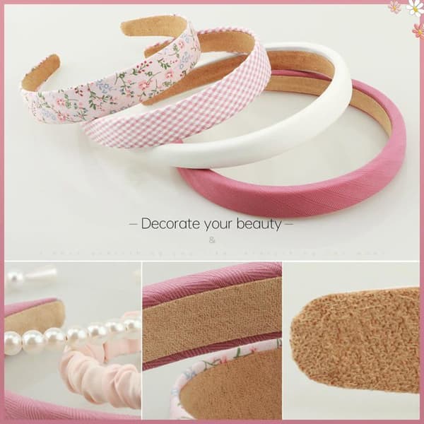 Set med vadderade hårband - SONGHUI - 7 delar - Blommönster i rosa - Antiglidande - One size Ros (blommönster)