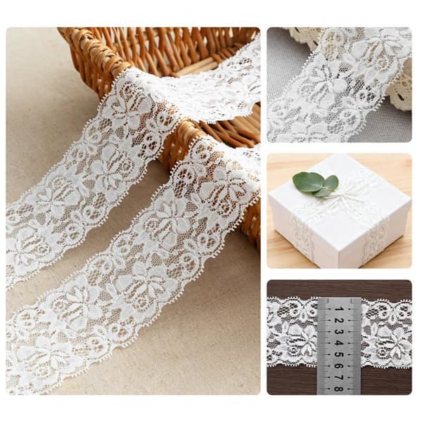 Spetsband - SONGHUI - 5 yards (≈4,5 m) - Vit - 6 cm - Broderade rosor i bomull Vit